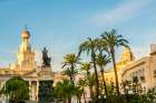 Cadiz City Hall with Monument to Moret, Plaza de Sevilla, Cadiz, Spain. Art Print